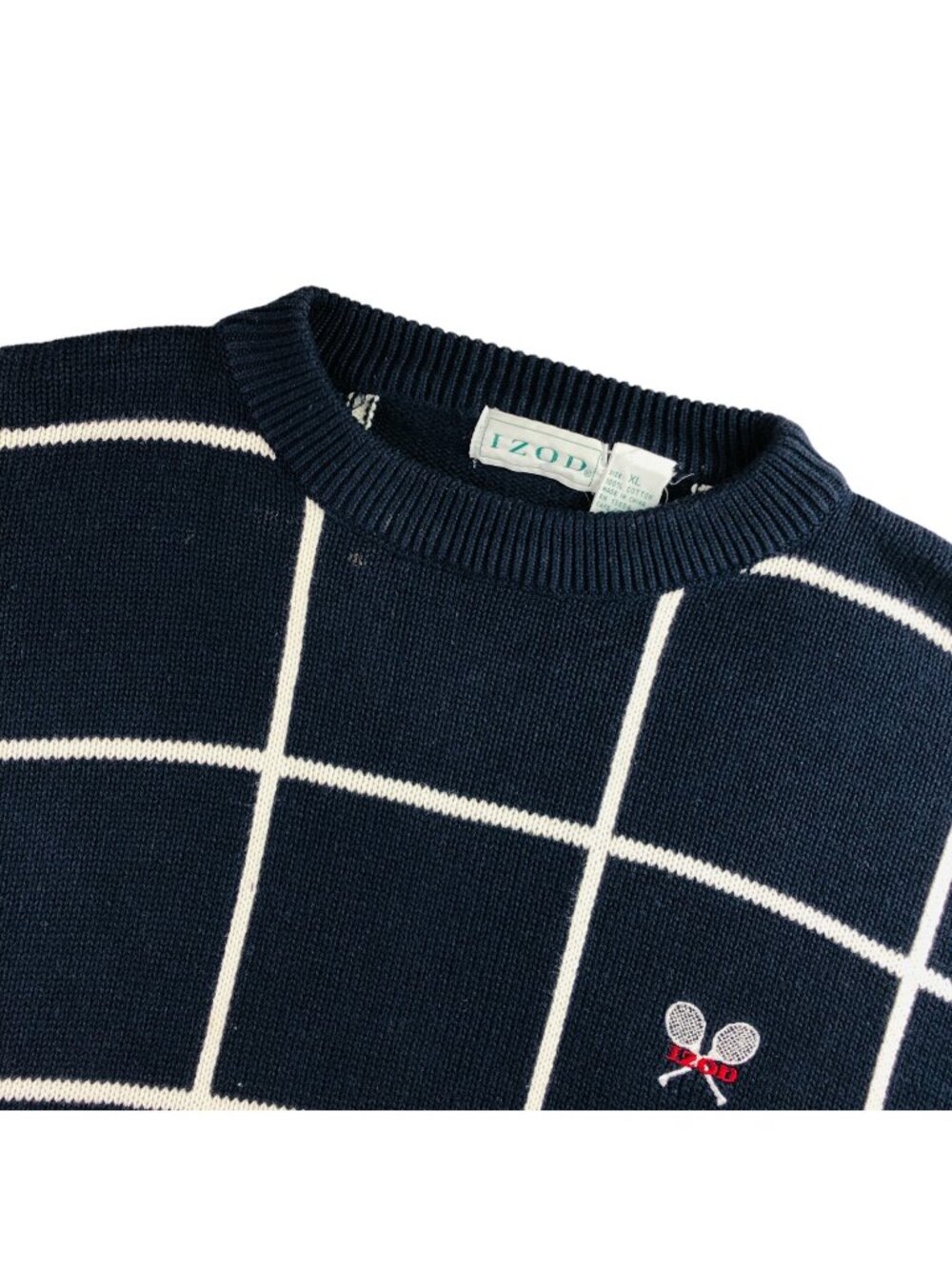 VTG Izod Men's Tennis 100% Cotton Crewneck Knit Sweater Navy Blue Check • XL